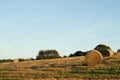 Beautiful view of the hay bales in the field in the countryside under the blue sky Royalty Free Stock Photo