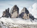 Beautiful view of the high towers in Italy Alps, Tre Cime Di Lavaredo, Dolomites, Europe Royalty Free Stock Photo