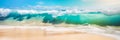 Beautiful View on high waves on the empty coast of the Ocean. Deserted beautiful ocean beach. Long summer sea banner