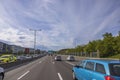 Beautiful view of highway with moving cars on summer day. Sweden.