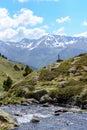 Beautiful view hiking in the Andorra Pyrenees Mountains in Ordino, near the Lakes of Tristaina