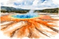 Watercolor illustration of the grand prismatic pool, Yellowstone National Park. Royalty Free Stock Photo