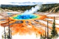 Watercolor illustration of the grand prismatic pool, Yellowstone National Park. Royalty Free Stock Photo