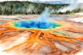 Watercolor illustration of the grand prismatic pool, Yellowstone National Park. Royalty Free Stock Photo