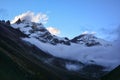 Beautiful view of Himalayan Mountains from Khambachen at sunset. Trek to Kangchenjunga basecamp Royalty Free Stock Photo
