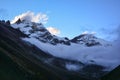 Beautiful view of Himalayan Mountains from Khambachen at sunset. Trek to Kangchenjunga basecamp