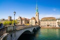 Historic Fraumunster Church and swans on river Limmat, Zurich, Switzerland Royalty Free Stock Photo