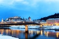 Beautiful view of the historic city of Salzburg with Salzach river in winter during blue hour, Salzburger Land, Austria Royalty Free Stock Photo