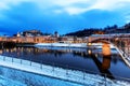 Beautiful view of the historic city of Salzburg with Salzach river in winter during blue hour, Salzburger Land, Austria Royalty Free Stock Photo