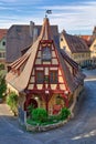 Beautiful view of the historic Gerlach Blacksmith shop and the Roeder Gate Tower in Rothenburg Royalty Free Stock Photo