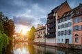 Beautiful view of the historic town of Strasbourg, colorful houses on idyllic river. Strasbourg, France Royalty Free Stock Photo