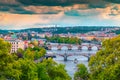 Picturesque cityscape panorama with bridges and river, Prague, Czech Republic