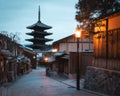 Beautiful view of the Hokanji Temple at the end of an alley captured in Kyoto, Japan