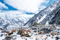 Beautiful view of Hooker Valley track covered with white snow. Mount Cook National Park, New Zealand