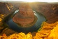 Beautiful view of Horseshoe Bend, Arizona, under warm sunset light, in autumn color. Grand canyon, Glen Canyon, Arizona. Royalty Free Stock Photo