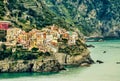 Beautiful view of the houses in Parco Nazionale delle Cinque Terre by the sea, Fornacchi, Italy