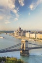 Beautiful view of the Hungarian Parliament and the chain bridge in Budapest, Hungary Royalty Free Stock Photo