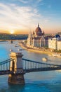 Beautiful view of the Hungarian Parliament and the chain bridge in Budapest, Hungary Royalty Free Stock Photo