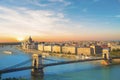 Beautiful view of the Hungarian Parliament and the chain bridge in the panorama of Budapest at night, Hungary