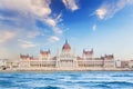 Beautiful view of the Hungarian Parliament on the Danube waterfront in Budapest, Hungary Royalty Free Stock Photo