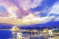 Beautiful view of the Hungarian Parliament and the Szechenyi chain bridge across the Danube in the panorama of Budapest at night Royalty Free Stock Photo