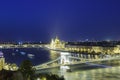 Beautiful view of the Hungarian Parliament and the Szechenyi chain bridge across the Danube in the panorama of Budapest at night Royalty Free Stock Photo