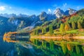 Beautiful view of idyllic colorful autumn scenery in Gosausee la