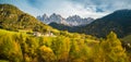 Val di Funes in the Dolomites at sunset, South Tyrol. Italy