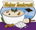 Sky with Kite, Reel and Pongal Dish during Makar Sankranti, Vector Illustration