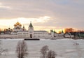 Beautiful View of Ipatievsky monastery in winter orange sunset