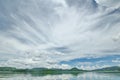 The Islands and mountains on reservior in dam. On the day of clouds and cloud reflection in the beautiful water o Royalty Free Stock Photo