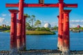 Beautiful view of Japan Pavilion , blue lake and sphere at Epcot in Walt Disney World 2