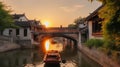 beautiful view of Jiangnan Ancient Town Bridge Boat Small River generative AI