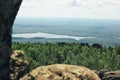 The beautiful view from Kachkanar Mountain in Russia on river, wild forest, travel concept