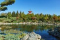 Beautiful view of Kagamiike Mirror Pond against Tahoto Pagoda in Japanese garden. Public landscape park Royalty Free Stock Photo