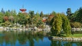 Beautiful view of Kagamiike Mirror Pond against Tahoto Pagoda in Japanese garden. Public landscape park of Krasnodar or Galitsky Royalty Free Stock Photo