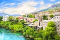 Beautiful view of the Karadjozbegov mosque jamia on the banks of the Neretva River in Mostar, Bosnia and Herzegovina