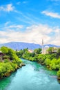 Beautiful view of the Karadjozbegov mosque jamia on the banks of the Neretva River in Mostar, Bosnia and Herzegovina