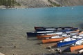 Beautiful view of kayak dock at Lake Moraine in Banff National Park in Alberta Royalty Free Stock Photo