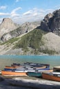 Beautiful view of kayak dock at Lake Moraine in Banff National Park in Alberta Royalty Free Stock Photo