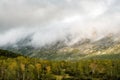 Beautiful view of the Khibiny Mountains in the fog in summer