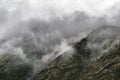 Beautiful view of the Khibiny Mountains in the fog in summer