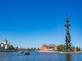 Beautiful view of Krymskaya embankment and Muzeon park of arts in Moscow on a sunny summer day.