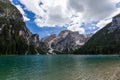 Beautiful view of Lago di Braies Lake or Pragser Wildsee in Dolomite , Italy