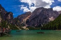 Beautiful view of Lago di Braies Lake or Pragser Wildsee in Dolomite , Italy