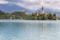 Beautiful view of Lake Bled with Island, Church And Castle With Mountain Range Stol, Vrtaca, Begunjscica In The Background- Bled