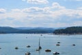 Beautiful view of lake and boats / pedal boats swimming