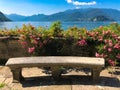 Romantic view of the Lake Como and Alps from the botanical garden in Varenna, Italy. Royalty Free Stock Photo