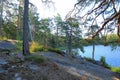 Beautiful view on lake through green tall trees on a top of rocks. Gorgeous nature landscape backgrounds. Sweden. Royalty Free Stock Photo