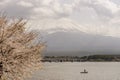 Beautiful view of Lake Kawaguchi and Mount Fuji with a lone boat fisherman, Japan Royalty Free Stock Photo